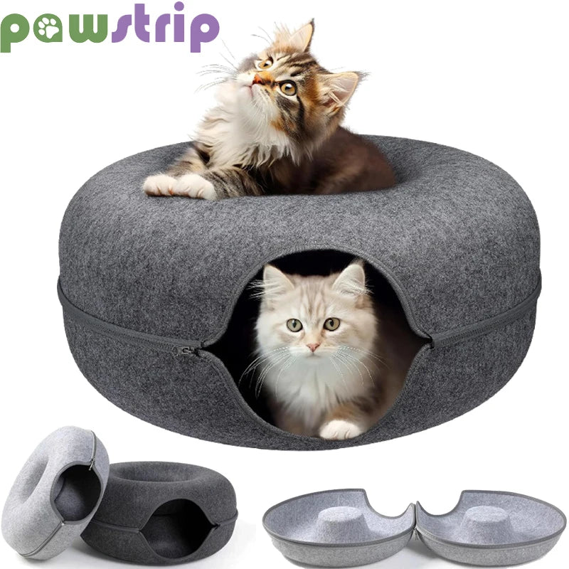 Donut Cat Bed for 2 Cats – Detachable Interactive Pet Tunnel and Game Toy, Dual-Use Felt Indoor Kitten Equipment