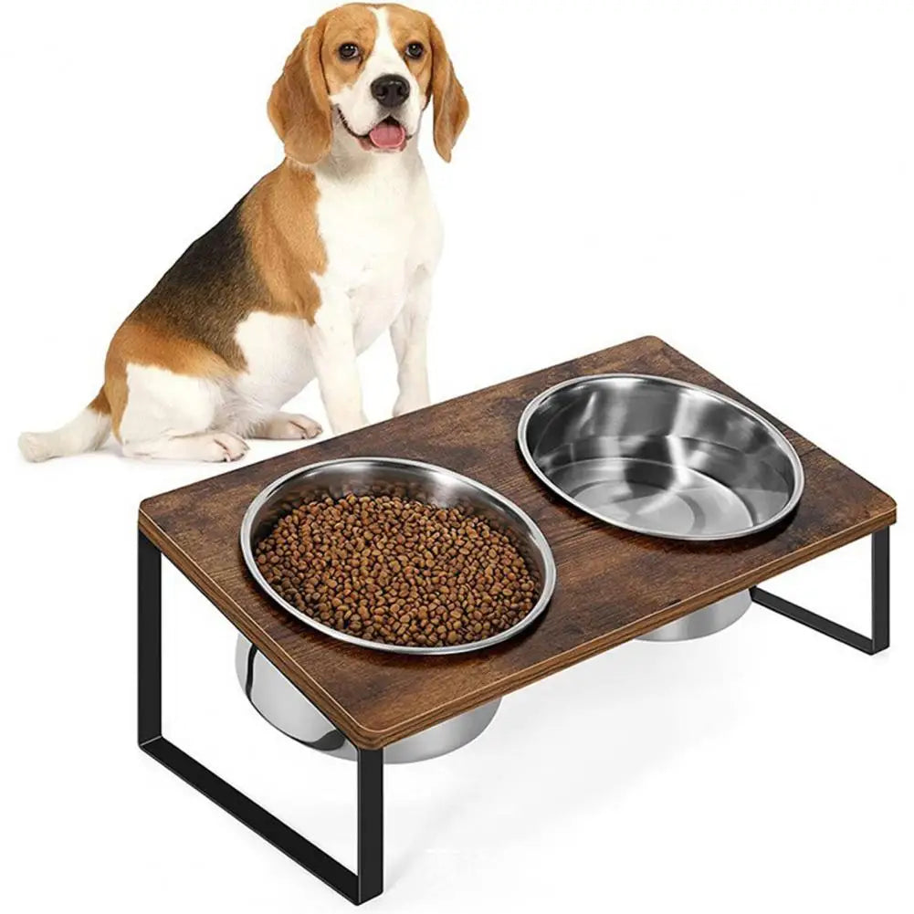 Elevated Wood Pet Bowl Set – Double Compartment Cat and Dog Feeding Bowls with Stand, Durable Pet Feeder Accessories