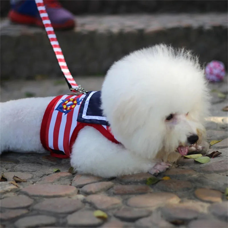 Soft Breathable Navy Style Dog Clothes with Leash Set – Pet Collar and Chest Strap for Small & Medium Dogs, Chihuahua, and Cats