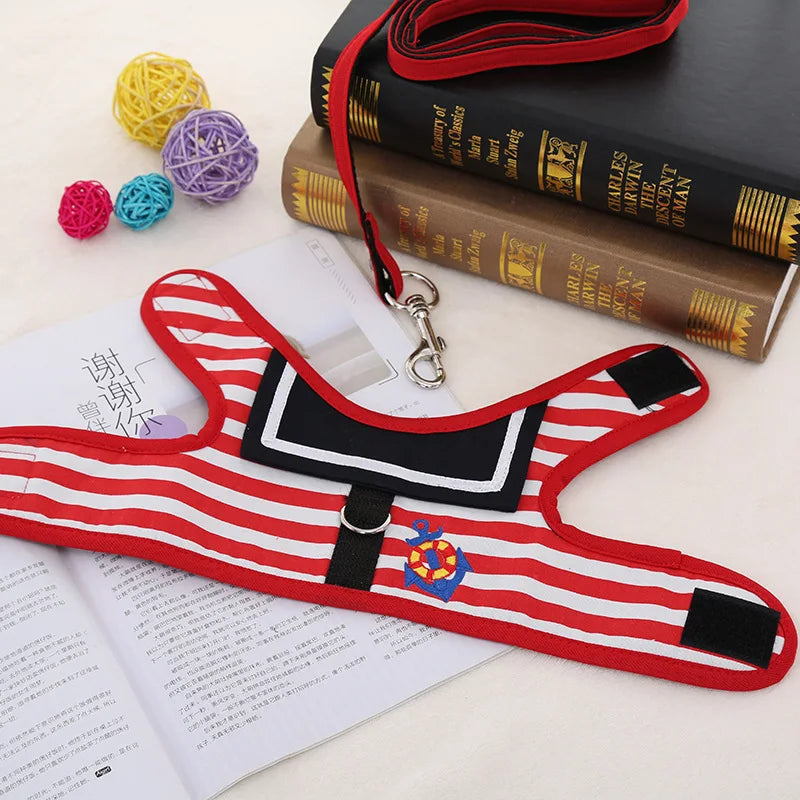 Soft Breathable Navy Style Dog Clothes with Leash Set – Pet Collar and Chest Strap for Small & Medium Dogs, Chihuahua, and Cats