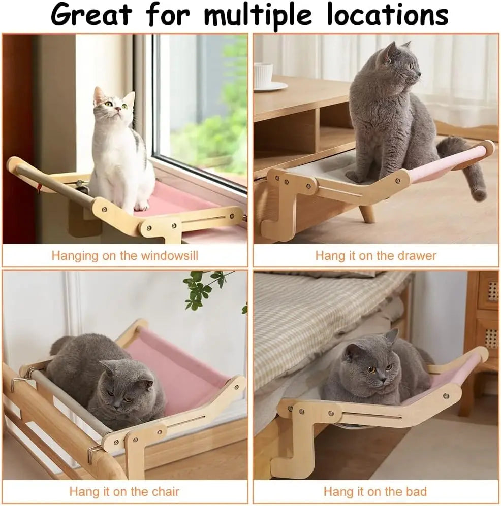 Portable Wooden Hanging Cat Bed – Removable Window or Balcony Hammock for Pets