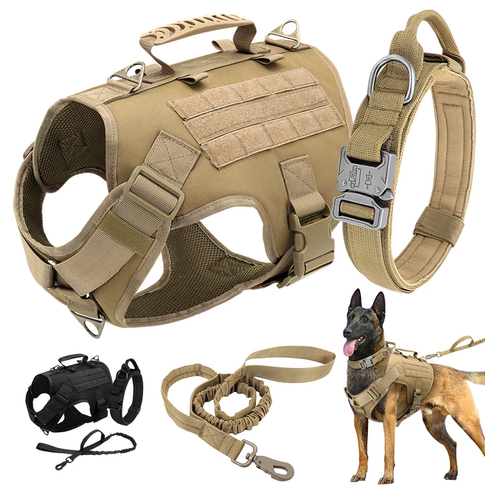 Nylon Tactical Dog Harness Set – No-Pull Military Vest with Collar, Leash, and Molle Pouches for Medium & Large Dogs Training