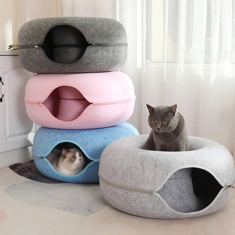 Donut Cat Bed for 2 Cats – Detachable Interactive Pet Tunnel and Game Toy, Dual-Use Felt Indoor Kitten Equipment